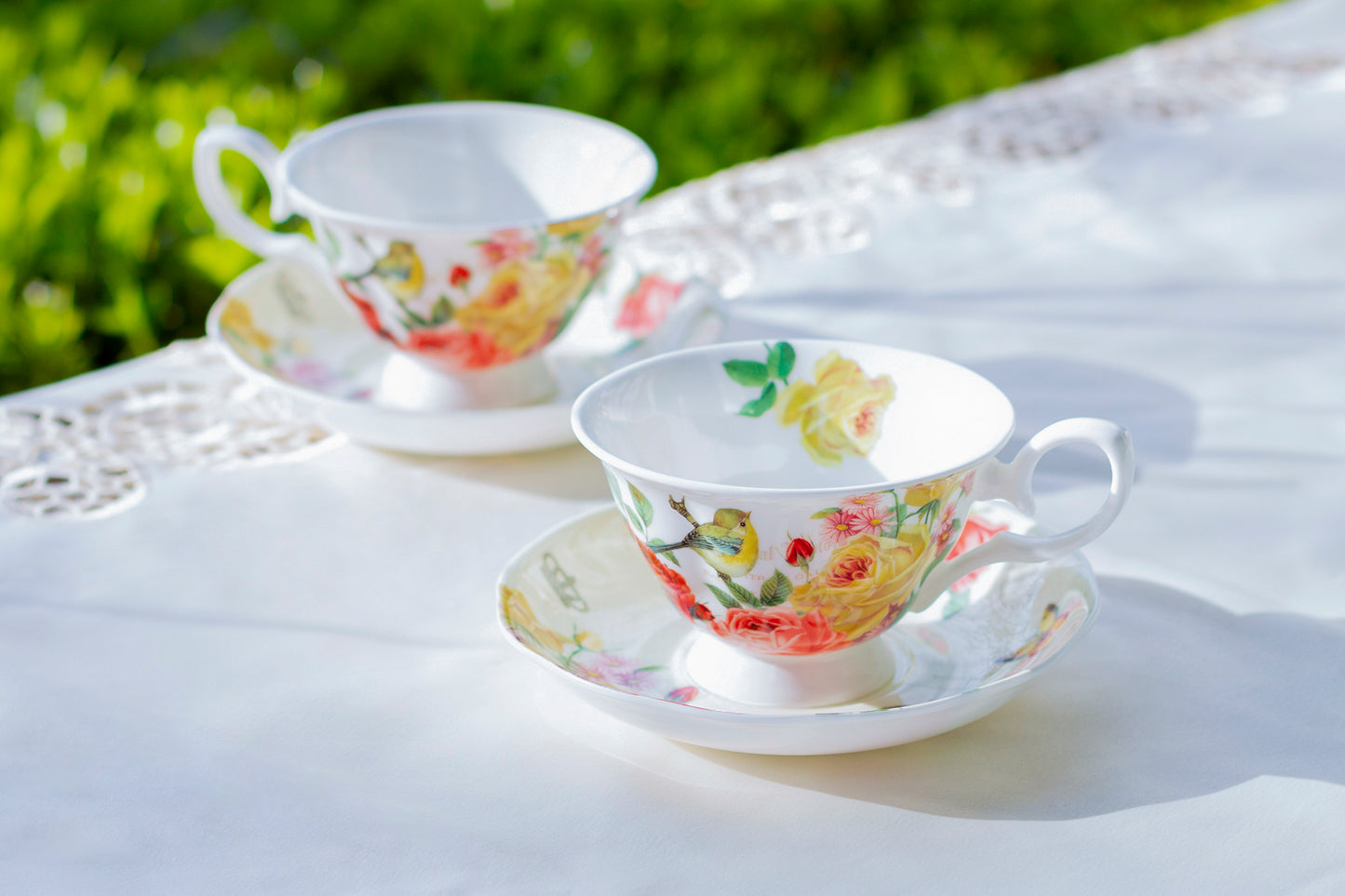 Gracie Bone China Yellow Bird Rose Garden Bone China Tea Cup and Saucer
