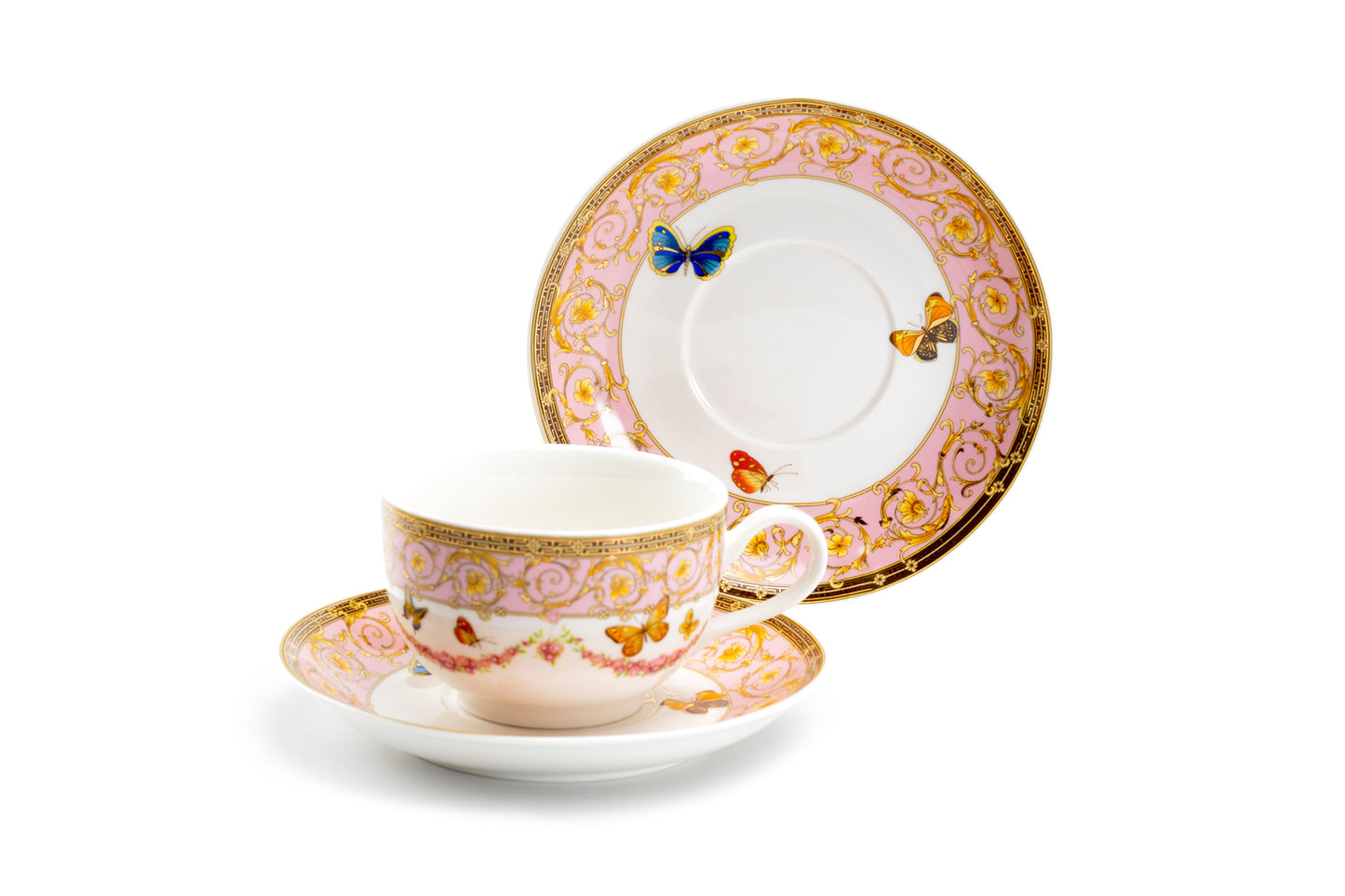 Butterflies with Pink Ornament Fine Porcelain Tea Cup and Saucer Set