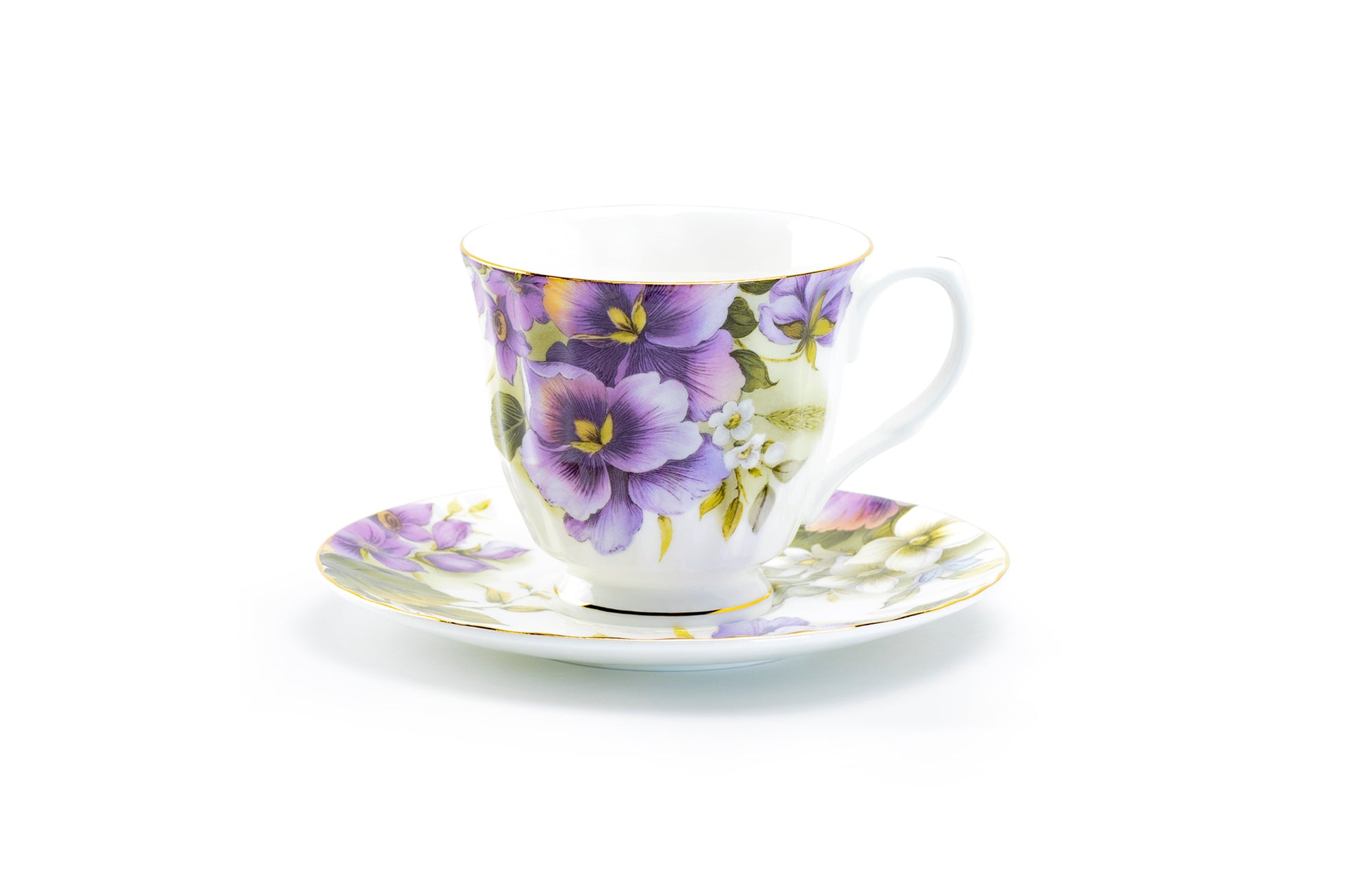 Stechcol Gracie Bone China Purple Pansy Bone China Tea Cup and Saucer