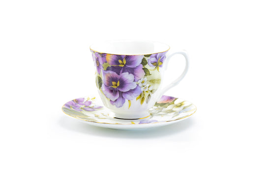 Stechcol Gracie Bone China Purple Pansy Bone China Tea Cup and Saucer