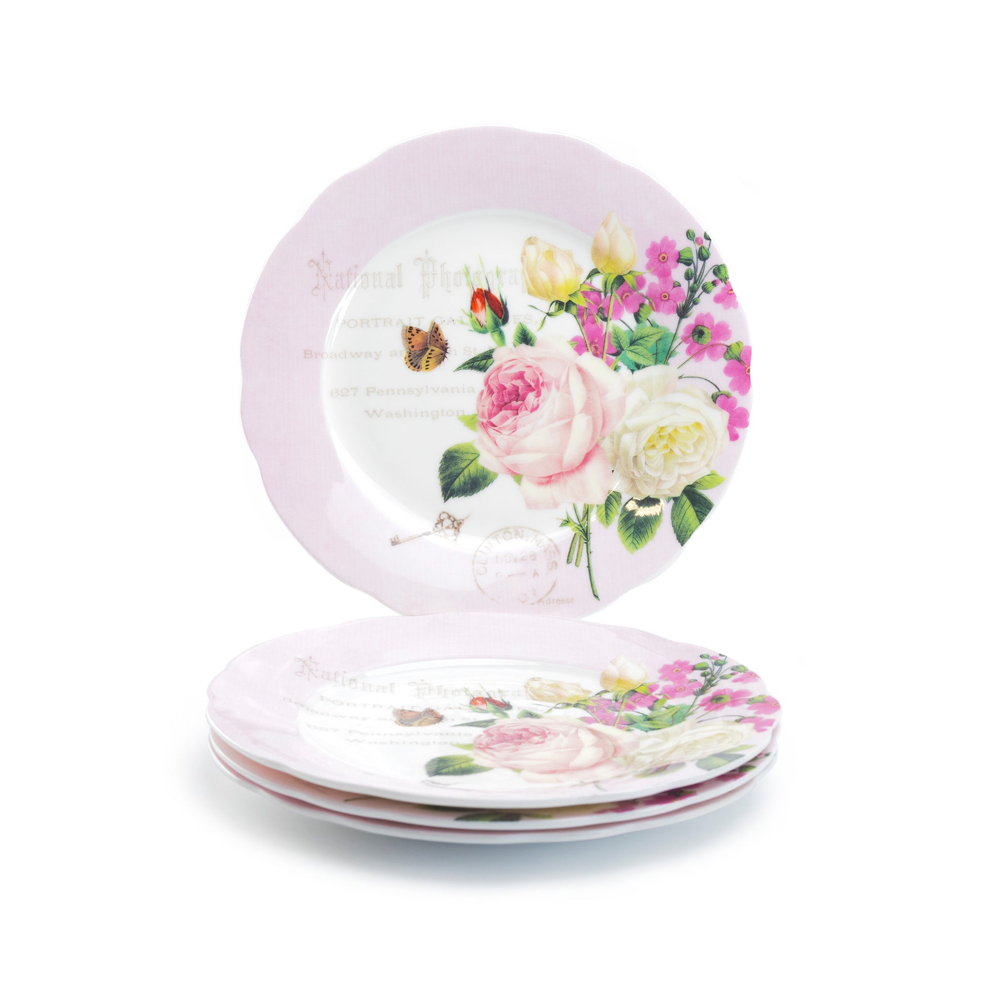 Stechcol Gracie Bone China 7.5" Rose Garden Bone China Dessert Salad Plate Set of 4