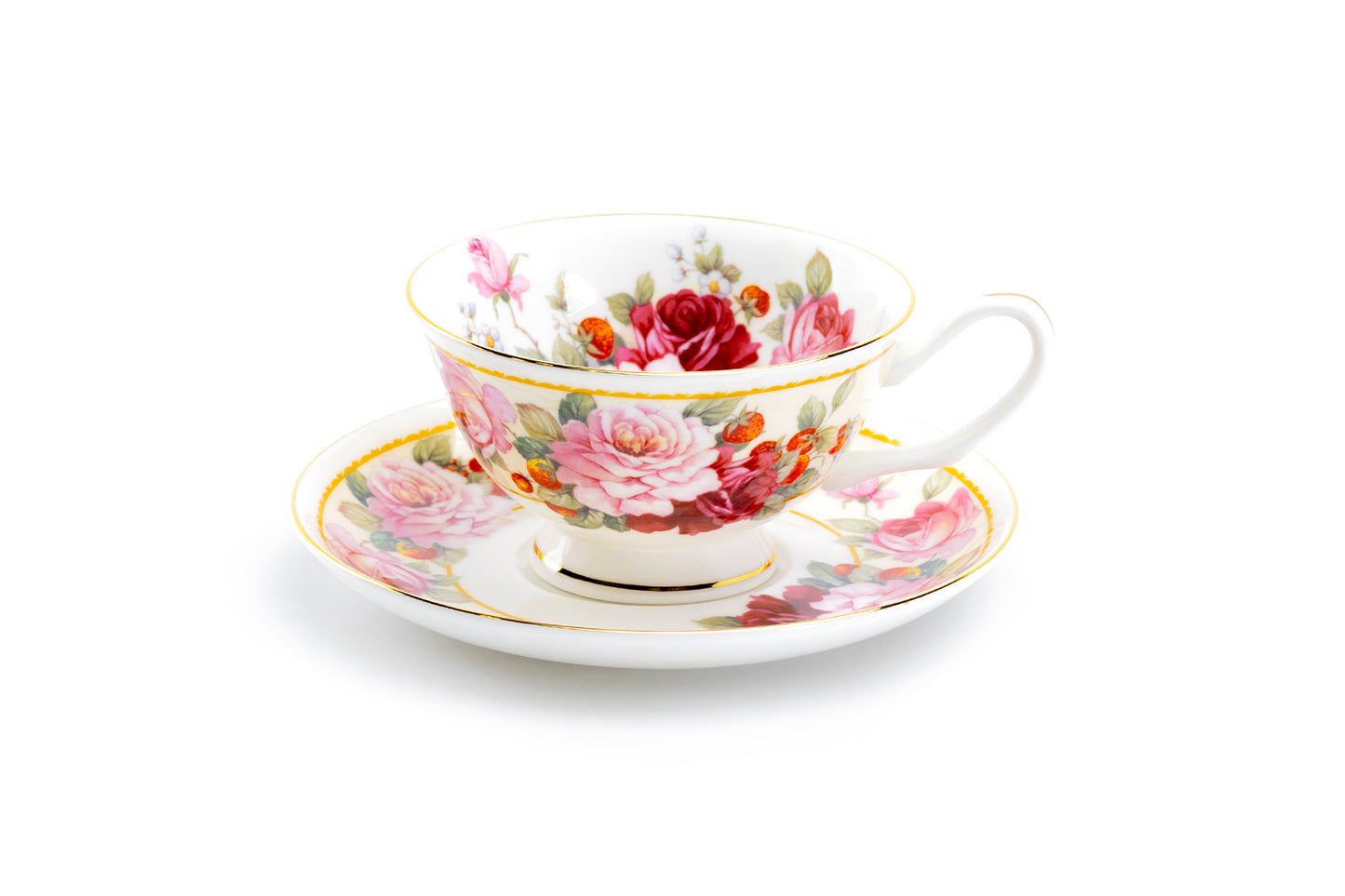 Stechcol Gracie Bone China Peony and Strawberry Cream Bone China Tea Cup and Saucer