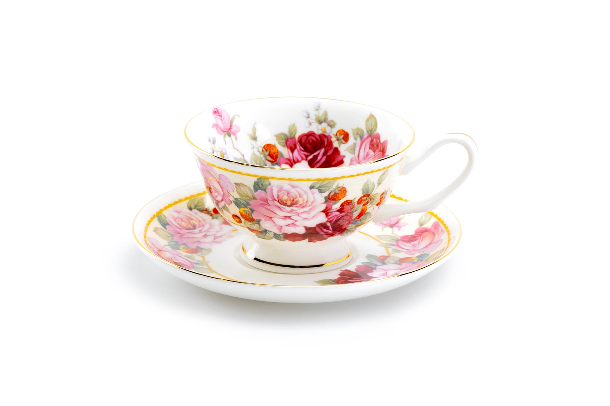 Stechcol Gracie Bone China Peony and Strawberry Cream Bone China Tea Cup and Saucer