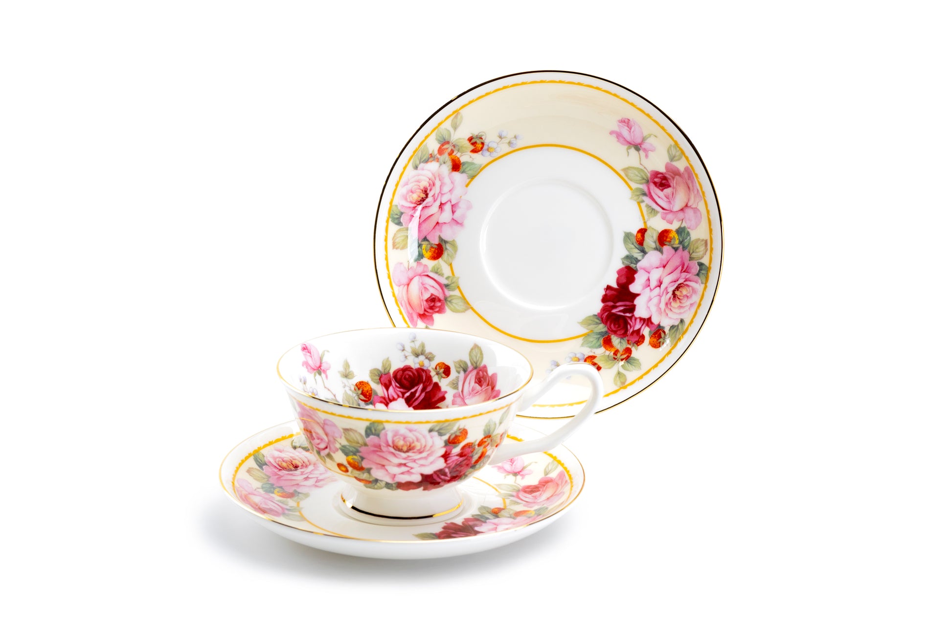Stechcol Gracie Bone China Peony and Strawberry Cream Bone China Tea Cup and Saucer Set