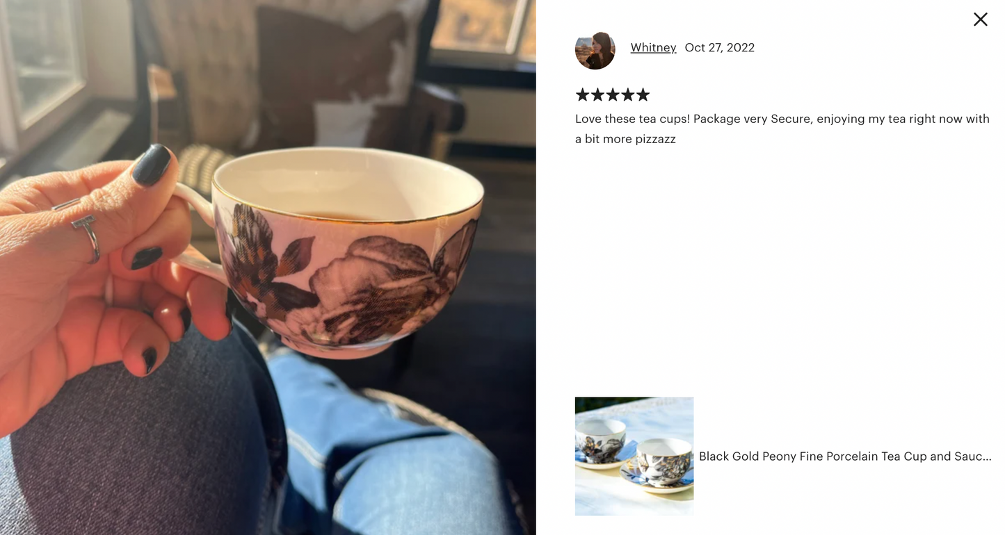 Black Gold Peony Fine Porcelain Tea Cup and Saucer