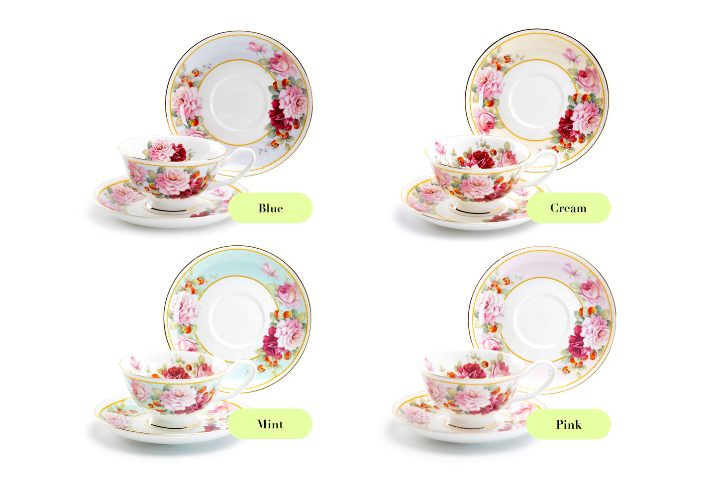 Peony and Strawberry Mint Bone China Tea Cup and Saucer