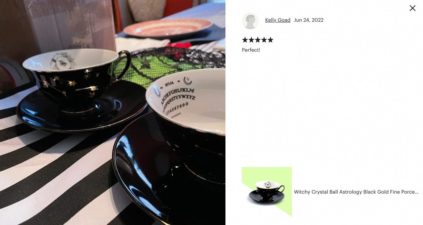 Witchy Crystal Ball Astrology Black Gold Tea Cup and Saucer